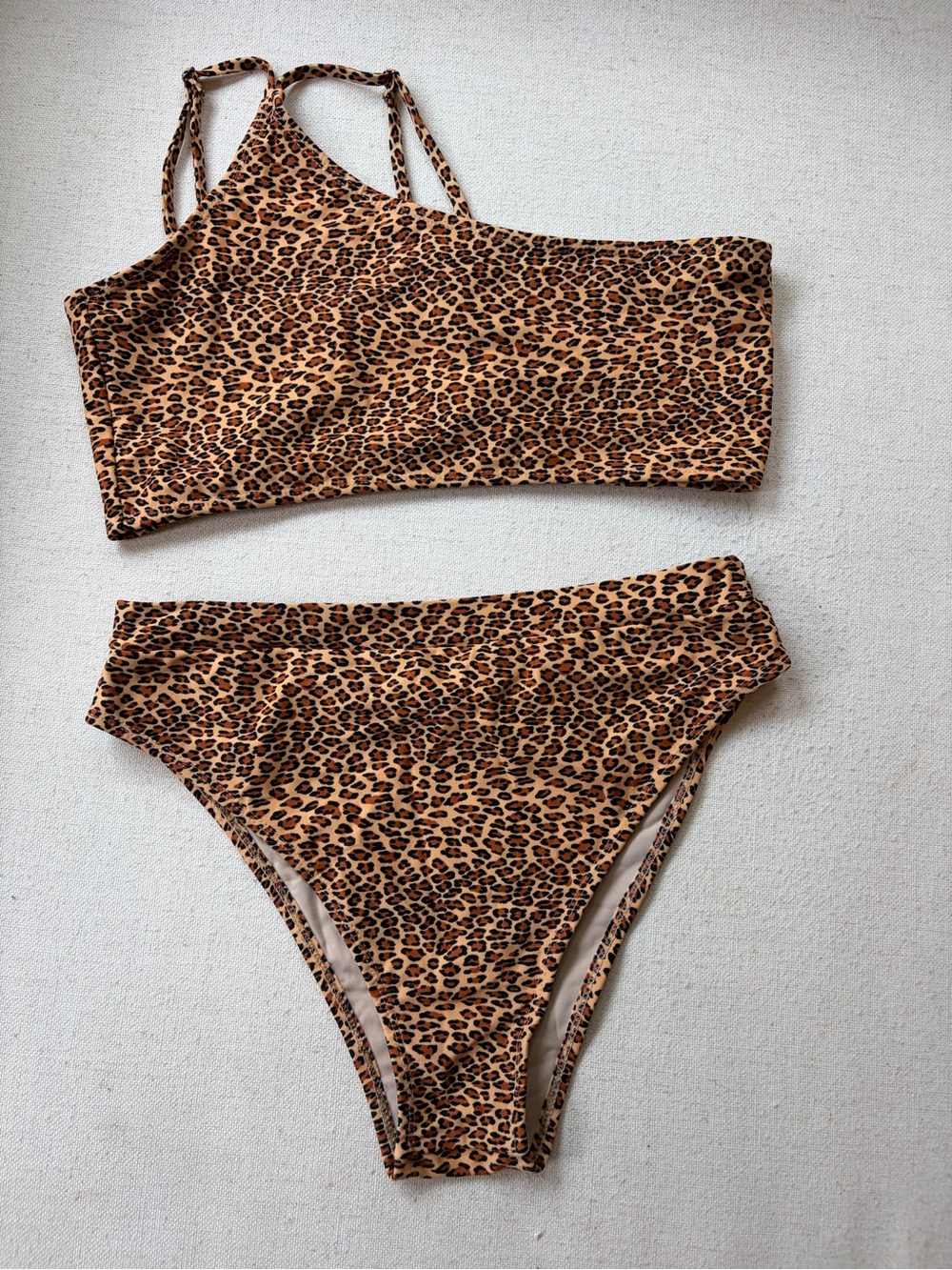 XOXO Leopard Print One-Shoulder Bikini Set in Brown/Tan